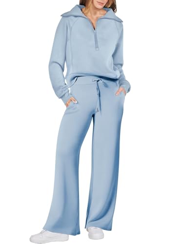 Dames herfstlounge set in hemelsblauw: wijde pijpen broek en lange mouwen top, ideaal voor reizen.