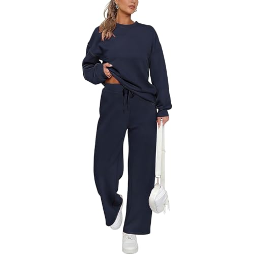 Trainingssets voor dames, 2 delige set: casual trui met lange mouwen, elastische taille en wijde pijpen. - XL / Marineblauw