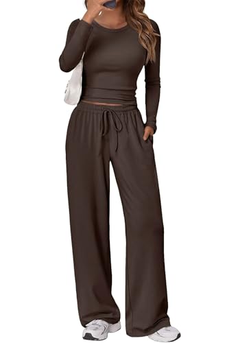 Gecoördineerde 2-delige outfitset voor dames - top met lange mouwen en wijde pijpen, zachte bijpassende loungeset - M / donkerbruin