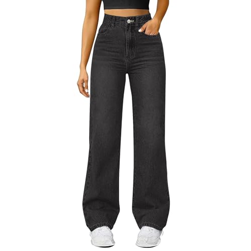 Generisch Baggy jeans voor dames, rechte pijpen, lange wijde pijpen, jeans, hoge taille, jeans, lichte oversized denimbroek met knoopsluiting, zakken, losse warme vrijetijdsbroek voor dames, hoge - #001 Grijs / S