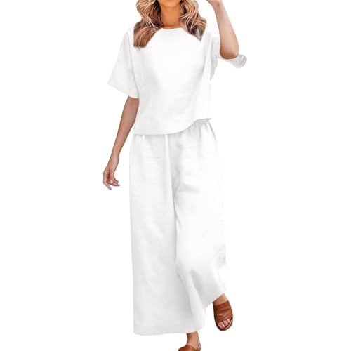 Tweedelige linnen set voor vrouwen, plus size, korte mouw top met ronde hals, elastische broek, zomer loungewear, wit