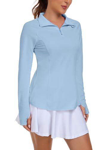 IWOLLENCE Hardloopshirt voor dames, lange mouwen, losse pasvorm, sportjack, functioneel shirt, sportshirt, uv-beschermingsshirt UPF 50+, UV 1/4 ritssluiting met duimgaten en verborgen zak rechts - XL / Lichtblauw