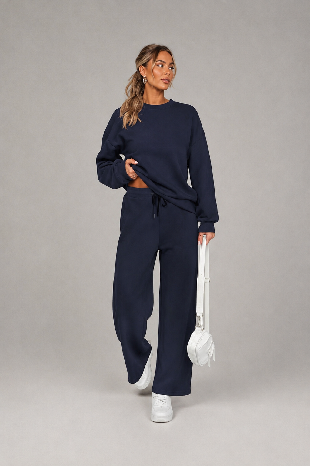 Trainingssets voor dames, 2 delige set: casual trui met lange mouwen, elastische taille en wijde pijpen.