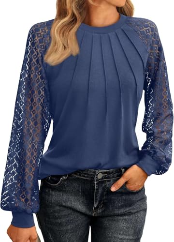 Y2k damesblouse XL marineblauw, lange mouwen, kant, business casual tuniek