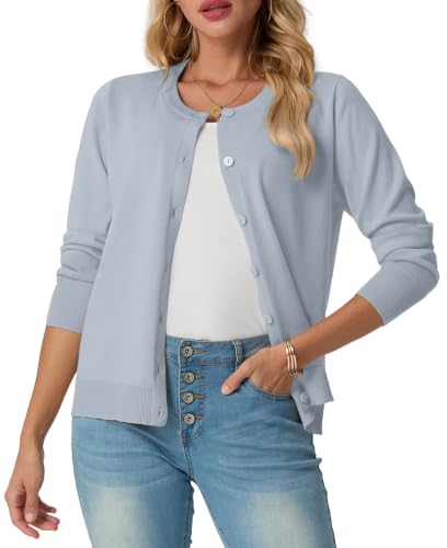 GRECERELLE Dames Zomer Zachte Vesten Mooie Lichtgewicht Ronde Hals Lange Mouw Dames Vest Effen Gebreide Jumper Casual Button Down Truien voor Vrouwen UK, Zomeravonden en Dating - grijs/blauw / M