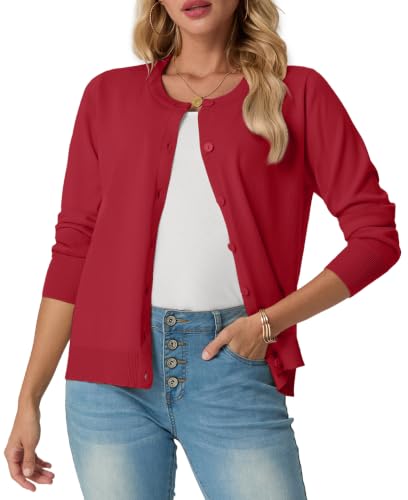 GRECERELLE Dames Zomer Zachte Vesten Mooie Lichtgewicht Ronde Hals Lange Mouw Dames Vest Effen Gebreide Jumper Casual Button Down Truien voor Vrouwen UK, Zomeravonden en Dating - Rood / L