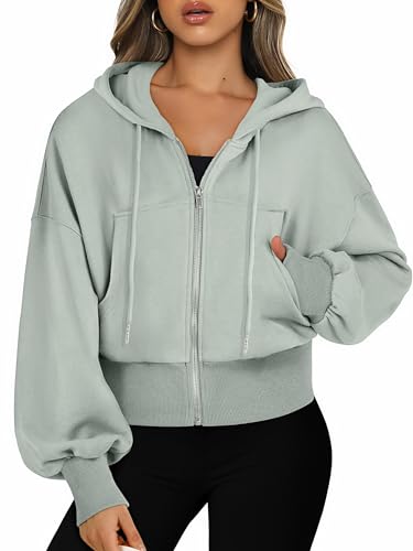 Jhsnjnr Sweatjack voor dames met capuchon, lange mouwen, capuchon, sweatshirt, ritssluiting, sport, korte jas, crop rits, hoodie - S / lichtgroen