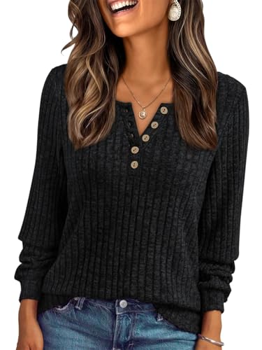 Vrouwen Dressy Casual lange mouw geribbelde T-shirt tuniek top, zwart, XXL