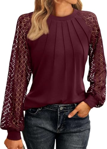 Y2k damesblouse XL wijnrood, lange mouwen, kant, business casual tuniek