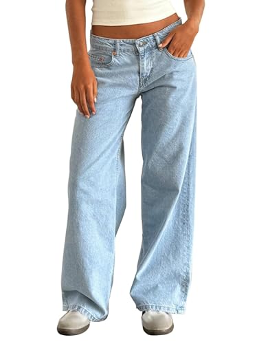 Straight Leg jeans voor dames, lage taille, brede pijpen, baggy jeans, losse boyfriend jeans, Y2K Low Waist Jeans - M / lichtblauw