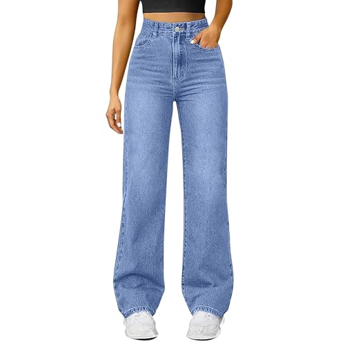 Generisch Baggy jeans voor dames, rechte pijpen, lange wijde pijpen, jeans, hoge taille, jeans, lichte oversized denimbroek met knoopsluiting, zakken, losse warme vrijetijdsbroek voor dames, hoge - #001 Bu1 / S