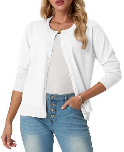 GRECERELLE Dames Zomer Zachte Vesten Mooie Lichtgewicht Ronde Hals Lange Mouw Dames Vest Effen Gebreide Jumper Casual Button Down Truien voor Vrouwen UK, Zomeravonden en Dating - Wit / M