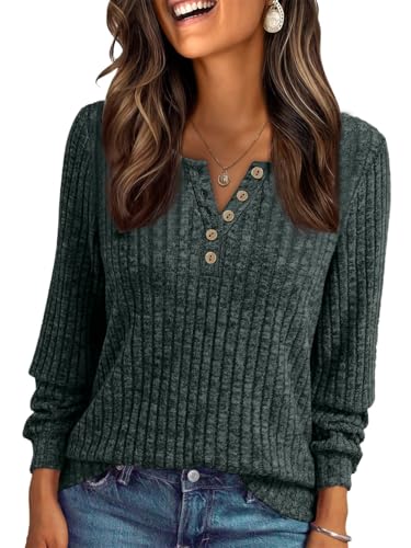 Vrouwen Dressy Casual lange mouw geribbelde T-shirt tuniek top, groen, XXL