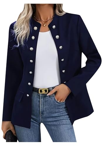 OMZIN Dames Blazerjasje Met Knoopsluiting Kraagloos Front Open Elegant Fitted Fashion Casual Work Coat - L / Marineblauw