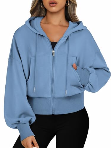Jhsnjnr Sweatjack voor dames met capuchon, lange mouwen, capuchon, sweatshirt, ritssluiting, sport, korte jas, crop rits, hoodie - S / Blauw