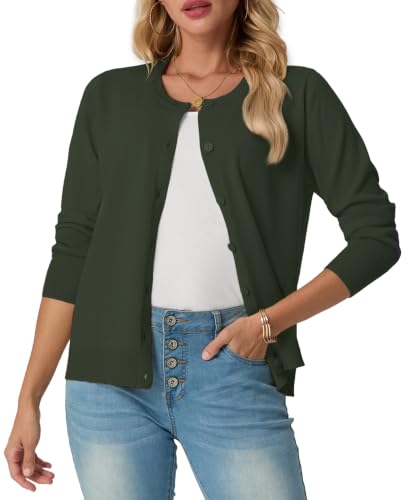 GRECERELLE Dames Zomer Zachte Vesten Mooie Lichtgewicht Ronde Hals Lange Mouw Dames Vest Effen Gebreide Jumper Casual Button Down Truien voor Vrouwen UK, Zomeravonden en Dating - legergroen / L