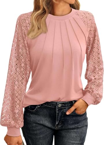 Y2k damesblouse XL roze, lange mouwen, kant, business casual tuniek