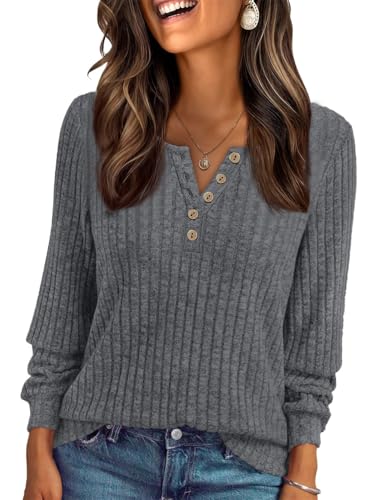 Vrouwen Dressy Casual lange mouw geribbelde T-shirt tuniek top, grijs, XXL