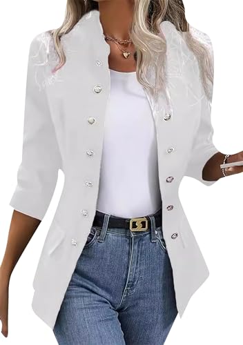 OMZIN Dames Blazerjasje Met Knoopsluiting Kraagloos Front Open Elegant Fitted Fashion Casual Work Coat - XXL / Wit