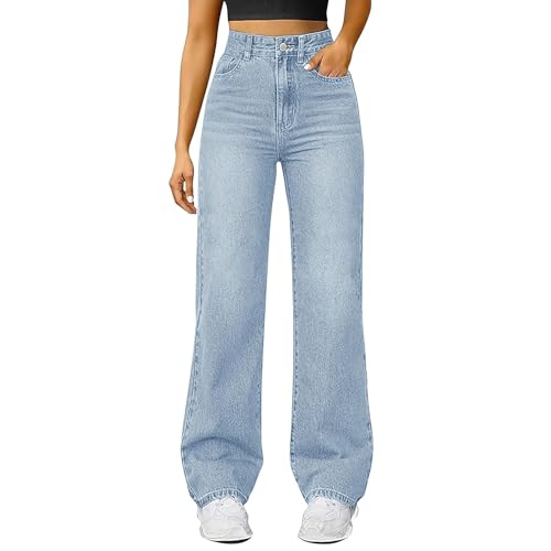 Generisch Baggy jeans voor dames, rechte pijpen, lange wijde pijpen, jeans, hoge taille, jeans, lichte oversized denimbroek met knoopsluiting, zakken, losse warme vrijetijdsbroek voor dames, hoge - #001 Lichtblauw / S