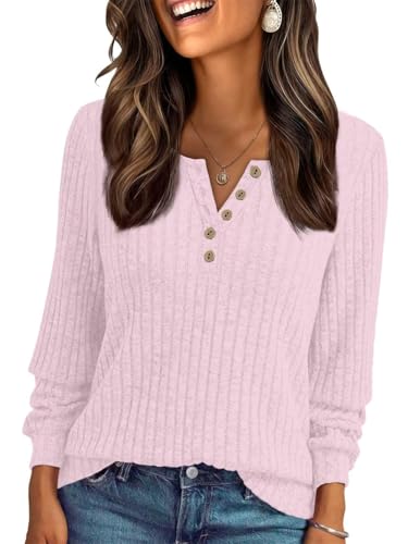 Vrouwen Dressy Casual lange mouw geribbelde T-shirt tuniek top, roze, XXL