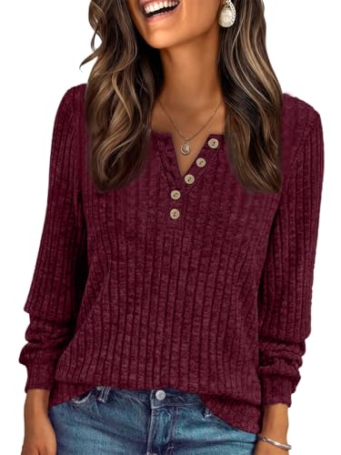 Vrouwen Dressy Casual lange mouw geribbelde T-shirt tuniek top, wijnrood, XXL