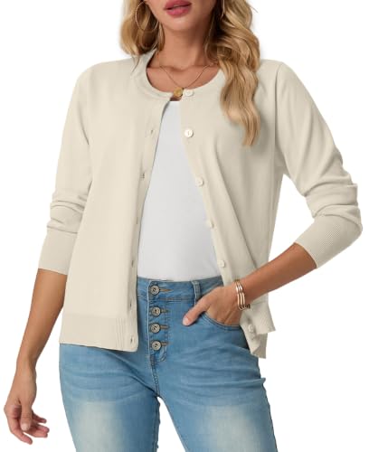 GRECERELLE Dames Zomer Zachte Vesten Mooie Lichtgewicht Ronde Hals Lange Mouw Dames Vest Effen Gebreide Jumper Casual Button Down Truien voor Vrouwen UK, Zomeravonden en Dating - tarwekleur / L