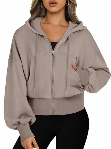 Jhsnjnr Sweatjack voor dames met capuchon, lange mouwen, capuchon, sweatshirt, ritssluiting, sport, korte jas, crop rits, hoodie - S / lichtbruin