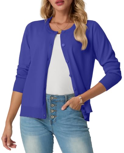 GRECERELLE Dames Zomer Zachte Vesten Mooie Lichtgewicht Ronde Hals Lange Mouw Dames Vest Effen Gebreide Jumper Casual Button Down Truien voor Vrouwen UK, Zomeravonden en Dating - lichtblauw / M