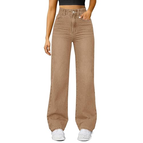 Generisch Baggy jeans voor dames, rechte pijpen, lange wijde pijpen, jeans, hoge taille, jeans, lichte oversized denimbroek met knoopsluiting, zakken, losse warme vrijetijdsbroek voor dames, hoge - #001 Kaki / S