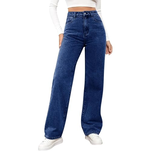 Generisch Baggy jeans voor dames, rechte pijpen, lange wijde pijpen, jeans, hoge taille, jeans, lichte oversized denimbroek met knoopsluiting, zakken, losse warme vrijetijdsbroek voor dames, hoge - #001 donkerblauw / S