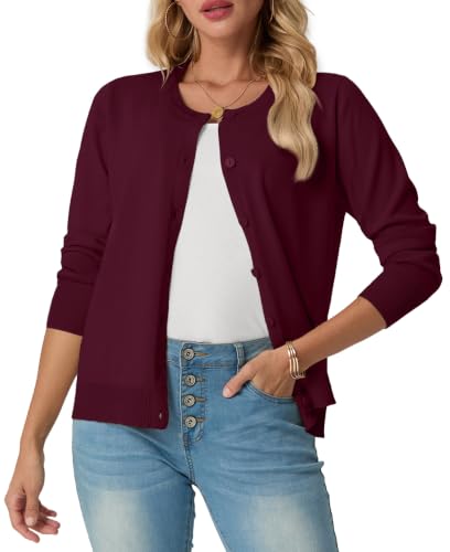 GRECERELLE Dames Zomer Zachte Vesten Mooie Lichtgewicht Ronde Hals Lange Mouw Dames Vest Effen Gebreide Jumper Casual Button Down Truien voor Vrouwen UK, Zomeravonden en Dating - wijnrood / M