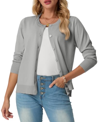 GRECERELLE Dames Zomer Zachte Vesten Mooie Lichtgewicht Ronde Hals Lange Mouw Dames Vest Effen Gebreide Jumper Casual Button Down Truien voor Vrouwen UK, Zomeravonden en Dating - lichtgrijs / XL