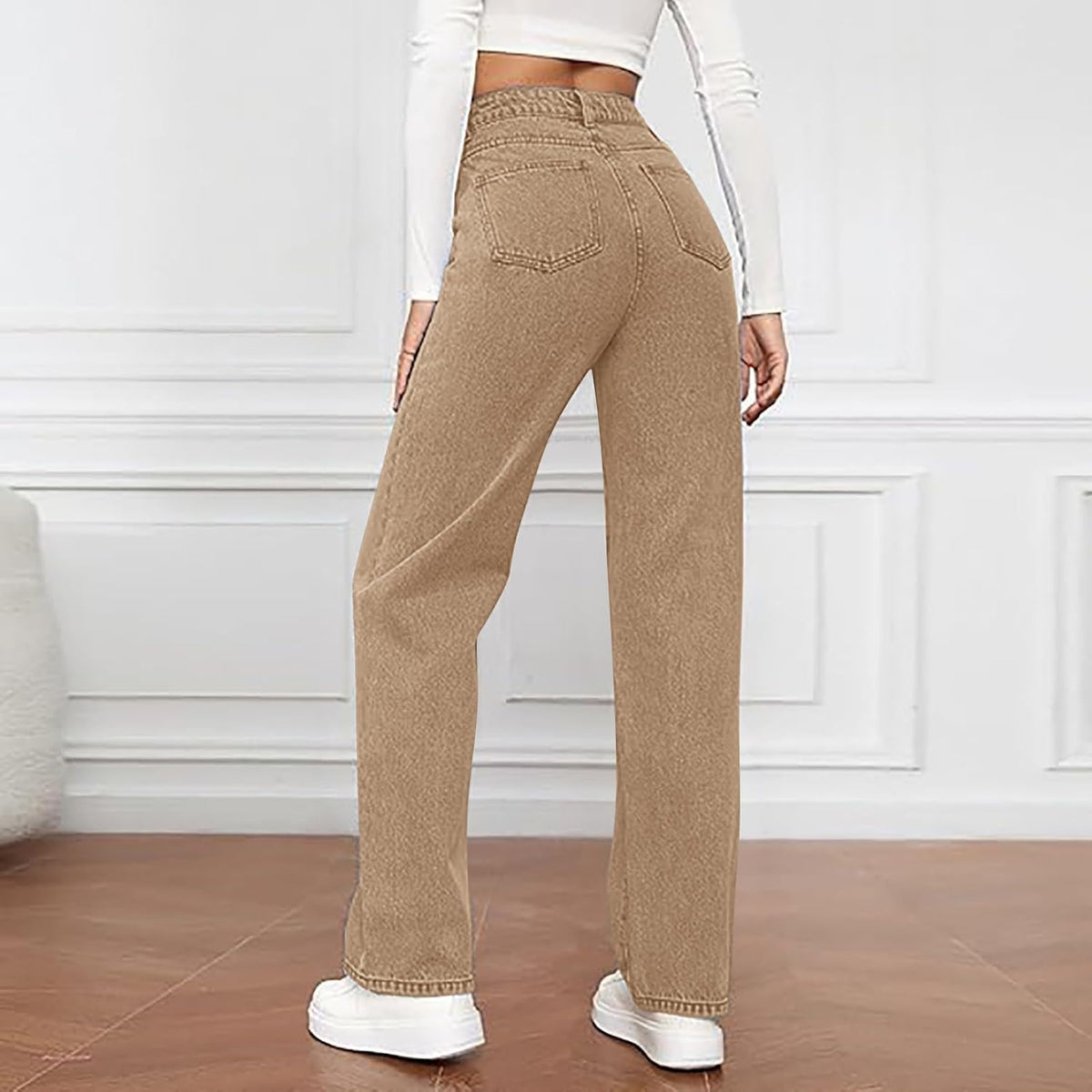 Generisch Baggy jeans voor dames, rechte pijpen, lange wijde pijpen, jeans, hoge taille, jeans, lichte oversized denimbroek met knoopsluiting, zakken, losse warme vrijetijdsbroek voor dames, hoge