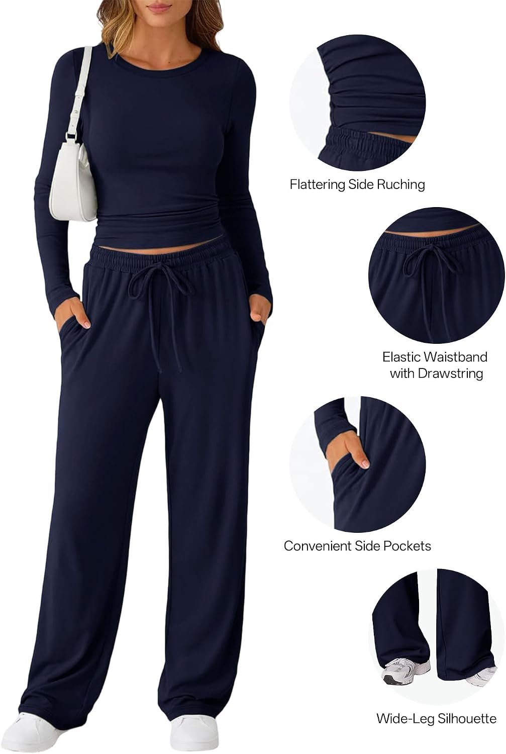 Gecoördineerde 2-delige outfitset voor dames - top met lange mouwen en wijde pijpen, zachte bijpassende loungeset