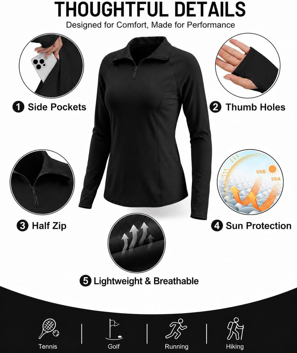 IWOLLENCE Hardloopshirt voor dames, lange mouwen, losse pasvorm, sportjack, functioneel shirt, sportshirt, uv-beschermingsshirt UPF 50+, UV 1/4 ritssluiting met duimgaten en verborgen zak rechts