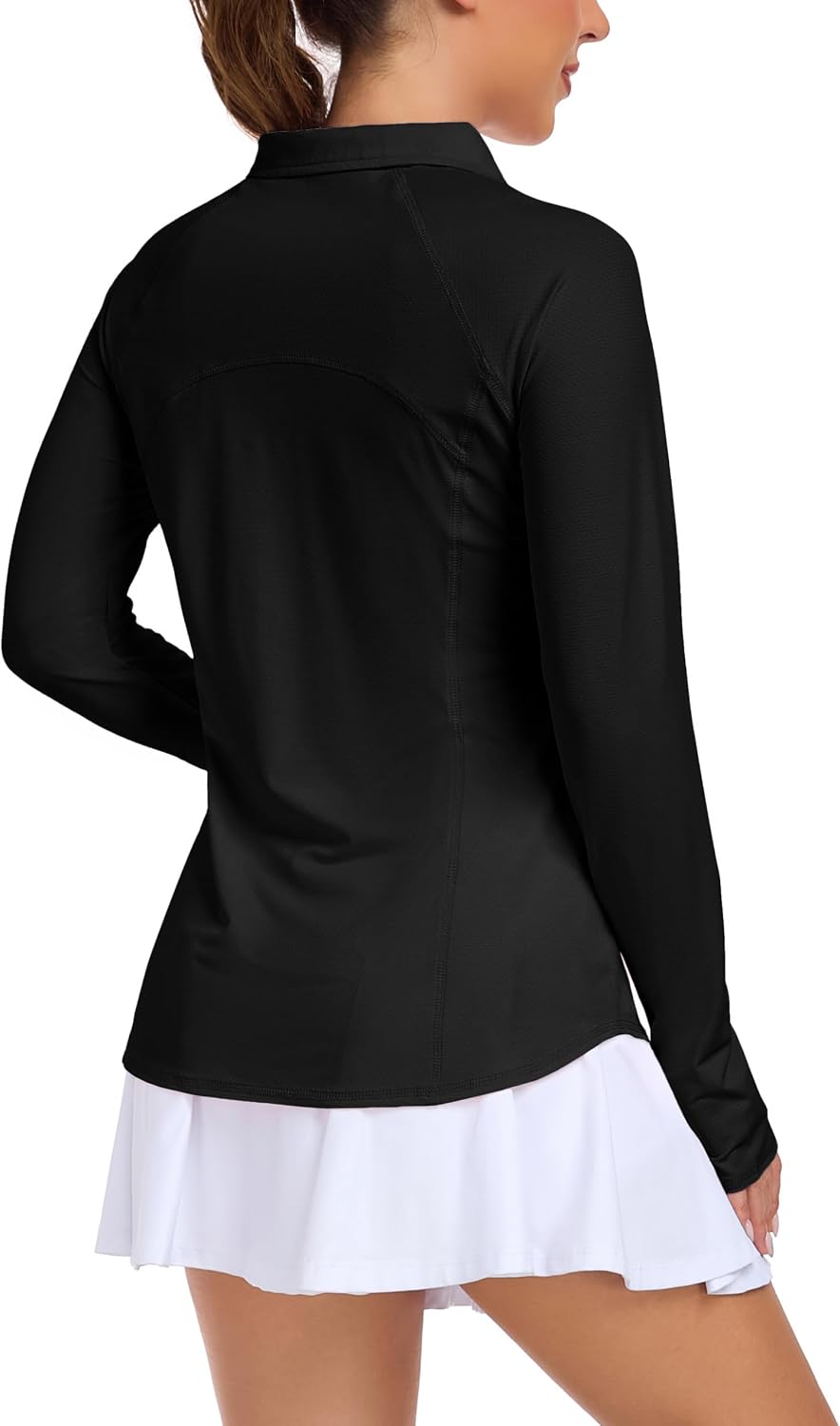 IWOLLENCE Hardloopshirt voor dames, lange mouwen, losse pasvorm, sportjack, functioneel shirt, sportshirt, uv-beschermingsshirt UPF 50+, UV 1/4 ritssluiting met duimgaten en verborgen zak rechts