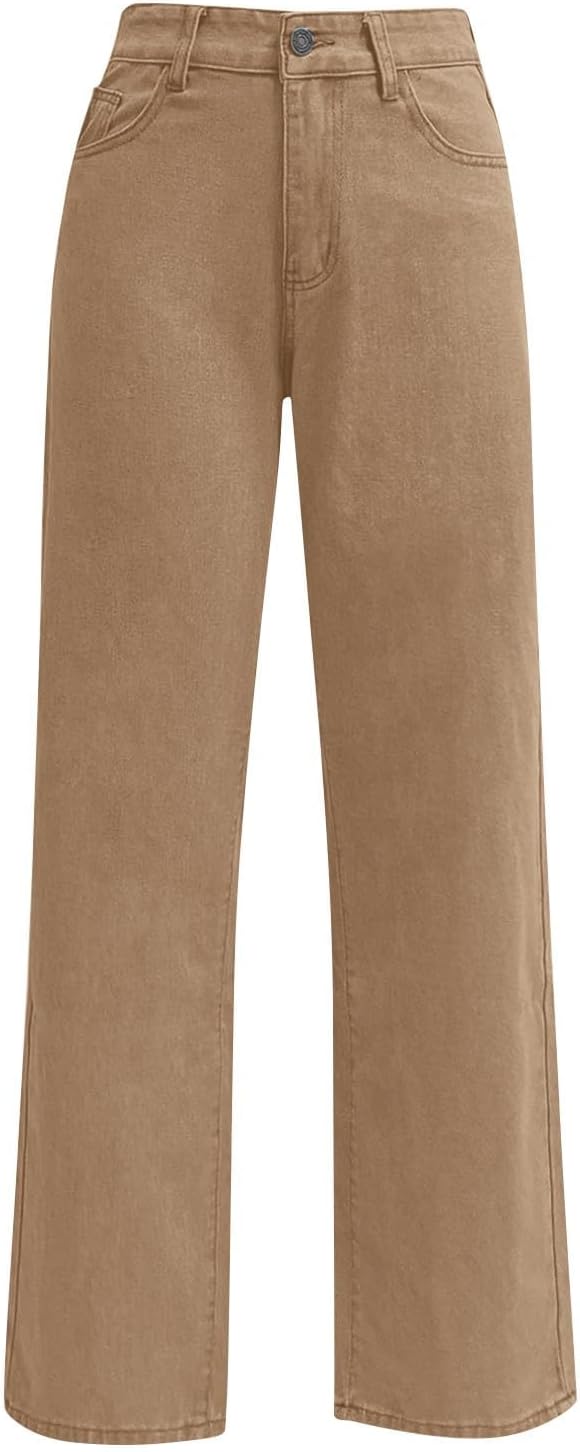 Generisch Baggy jeans voor dames, rechte pijpen, lange wijde pijpen, jeans, hoge taille, jeans, lichte oversized denimbroek met knoopsluiting, zakken, losse warme vrijetijdsbroek voor dames, hoge