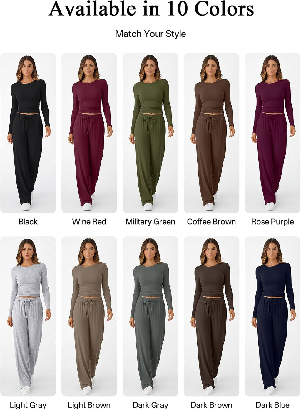 Gecoördineerde 2-delige outfitset voor dames - top met lange mouwen en wijde pijpen, zachte bijpassende loungeset
