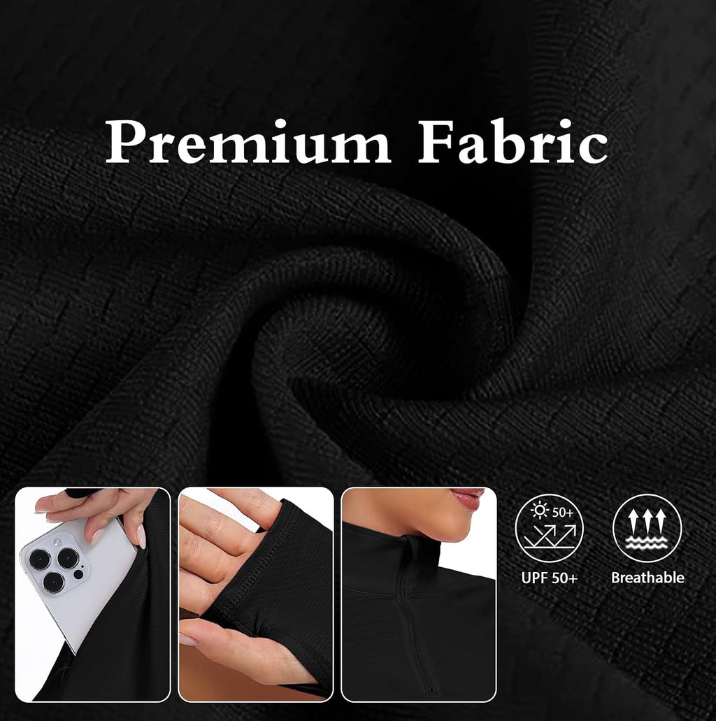 IWOLLENCE Hardloopshirt voor dames, lange mouwen, losse pasvorm, sportjack, functioneel shirt, sportshirt, uv-beschermingsshirt UPF 50+, UV 1/4 ritssluiting met duimgaten en verborgen zak rechts