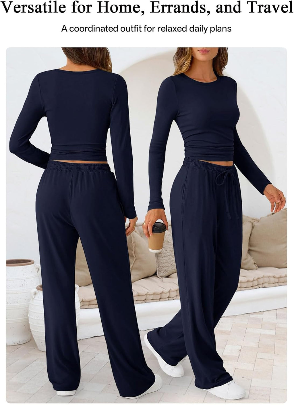 Gecoördineerde 2-delige outfitset voor dames - top met lange mouwen en wijde pijpen, zachte bijpassende loungeset