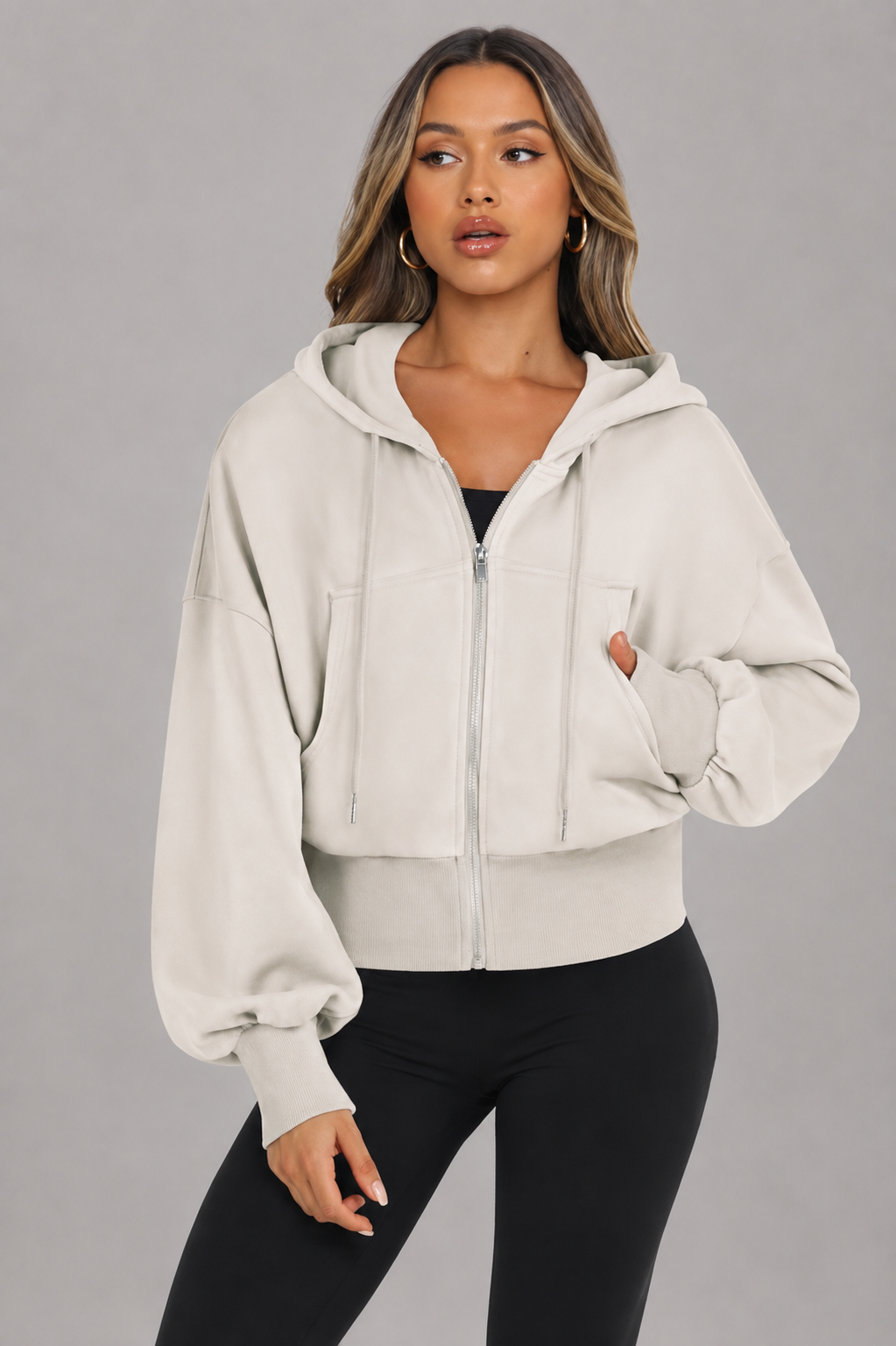 Sweatjack voor dames met capuchon, lange mouwen, capuchon, sweatshirt, ritssluiting, sport, korte jas, crop rits, hoodie