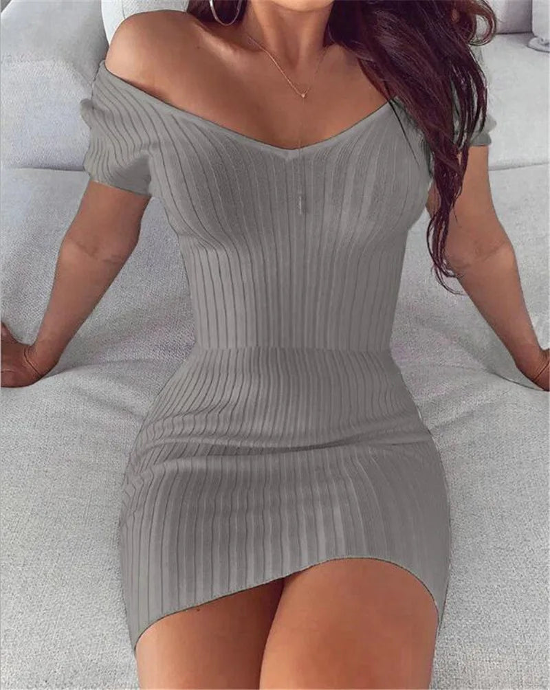 Women Summer Dress 2025 New Sexy Elegant Solid V-neck form-fitting Vertical Striped long-sleeved Dress Vestidoes Cheap Clothing - Short-sleeved grey