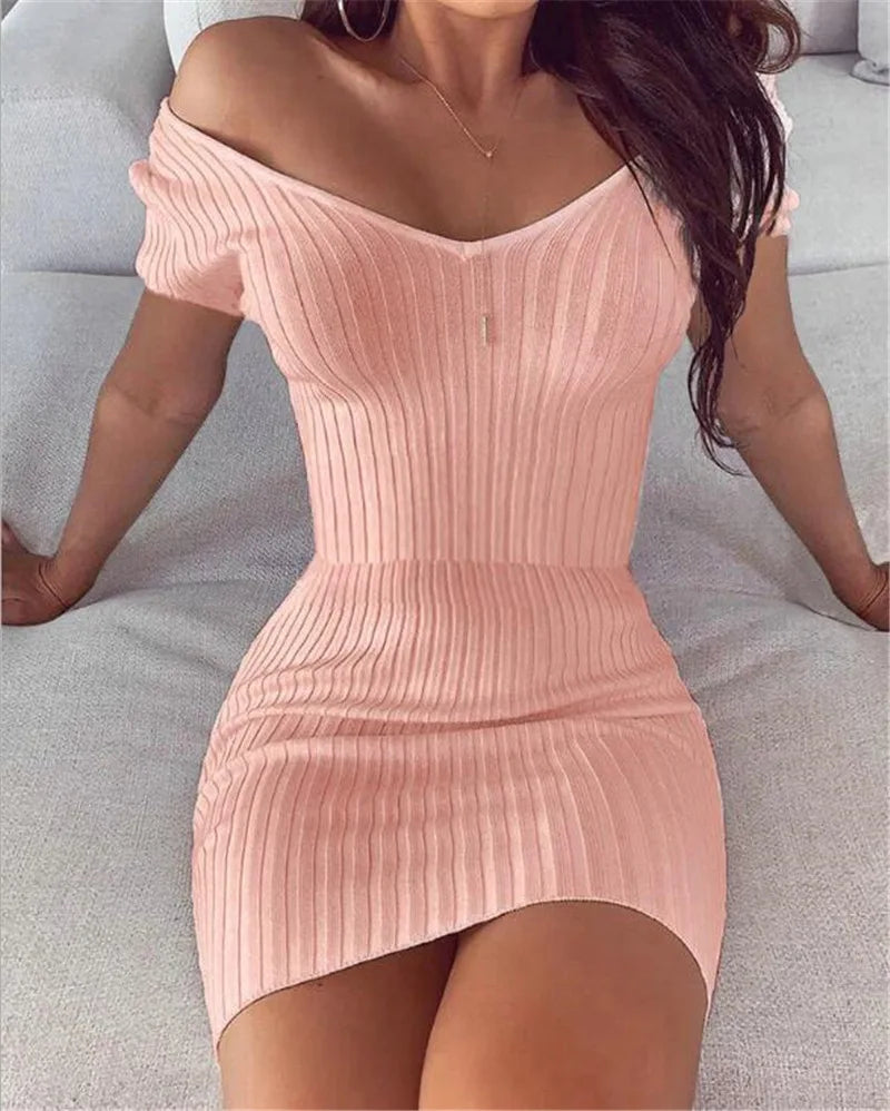 Women Summer Dress 2025 New Sexy Elegant Solid V-neck form-fitting Vertical Striped long-sleeved Dress Vestidoes Cheap Clothing - Short-sleeved pink